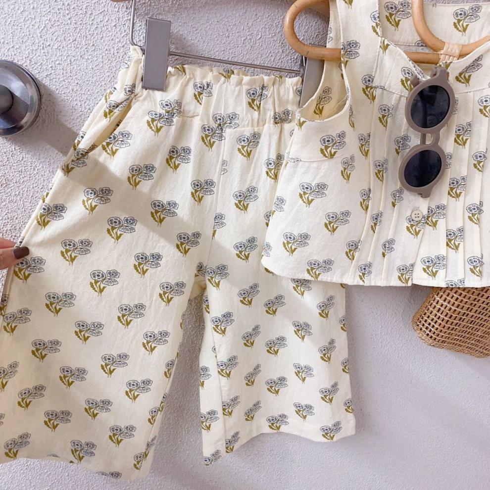 Floral Suit Little Girl Western Style Camisole All Match Casual Pants