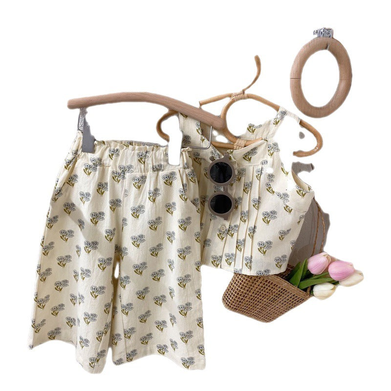 Floral Suit Little Girl Western Style Camisole All Match Casual Pants