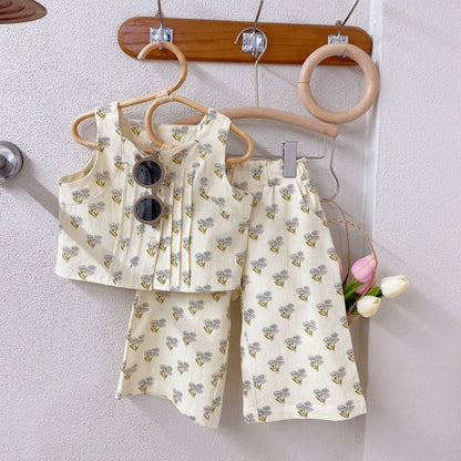 Floral Suit Little Girl Western Style Camisole All Match Casual Pants